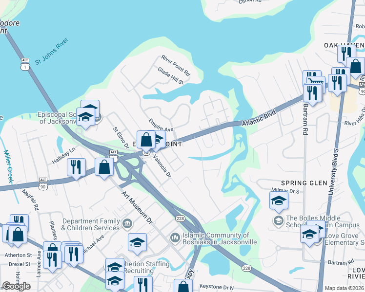 map of restaurants, bars, coffee shops, grocery stores, and more near 4830 Atlantic Boulevard in Jacksonville