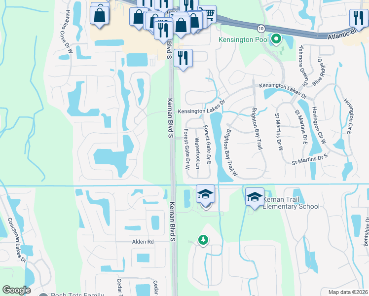 map of restaurants, bars, coffee shops, grocery stores, and more near 2094 Forest Gate Drive West in Jacksonville
