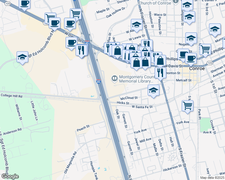 map of restaurants, bars, coffee shops, grocery stores, and more near 100 Interstate 45 North in Conroe
