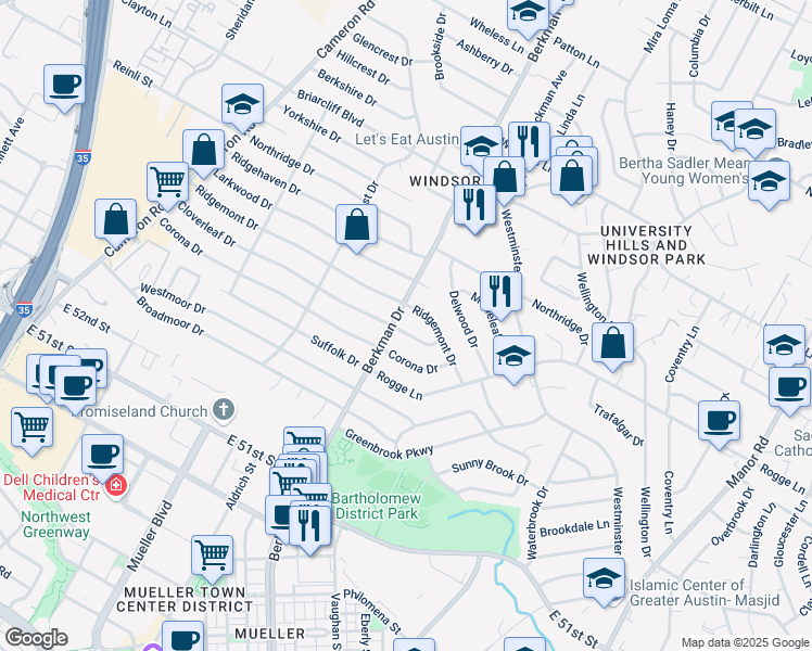 map of restaurants, bars, coffee shops, grocery stores, and more near 1702 Cloverleaf Drive in Austin