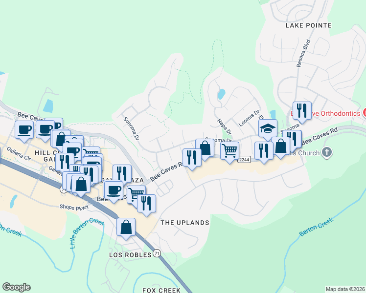 map of restaurants, bars, coffee shops, grocery stores, and more near 3401 Reims Court in Austin