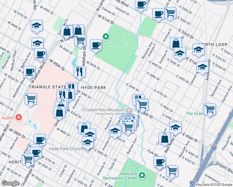 map of restaurants, bars, coffee shops, grocery stores, and more near 4509 Speedway in Austin