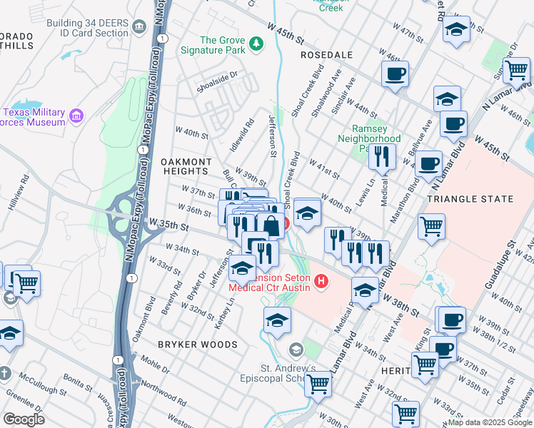 map of restaurants, bars, coffee shops, grocery stores, and more near 1600 West 38th Street in Austin