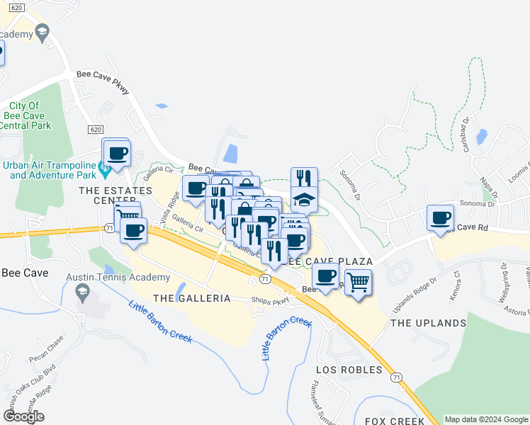 map of restaurants, bars, coffee shops, grocery stores, and more near 13516 Galleria Circle in Bee Cave