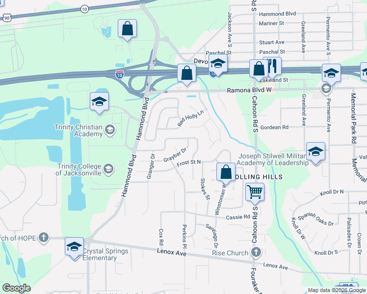 map of restaurants, bars, coffee shops, grocery stores, and more near 8423 Graybar Drive in Jacksonville