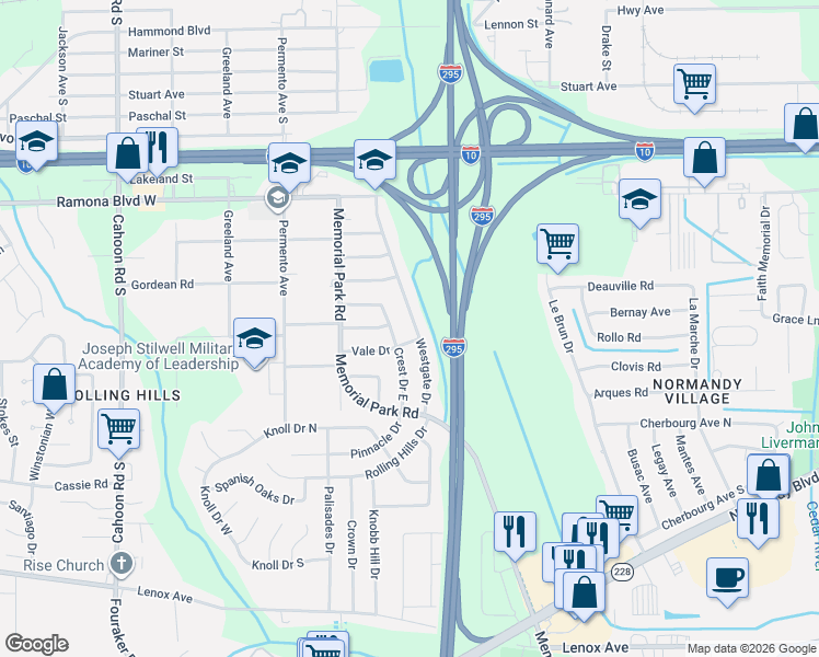map of restaurants, bars, coffee shops, grocery stores, and more near 893 Crest Drive East in Jacksonville