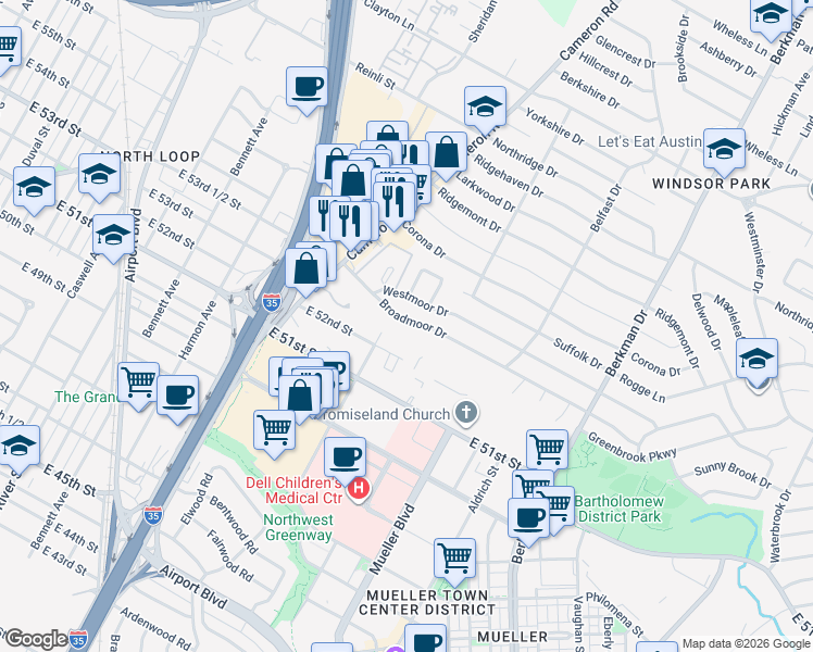 map of restaurants, bars, coffee shops, grocery stores, and more near 1307 Broadmoor Drive in Austin