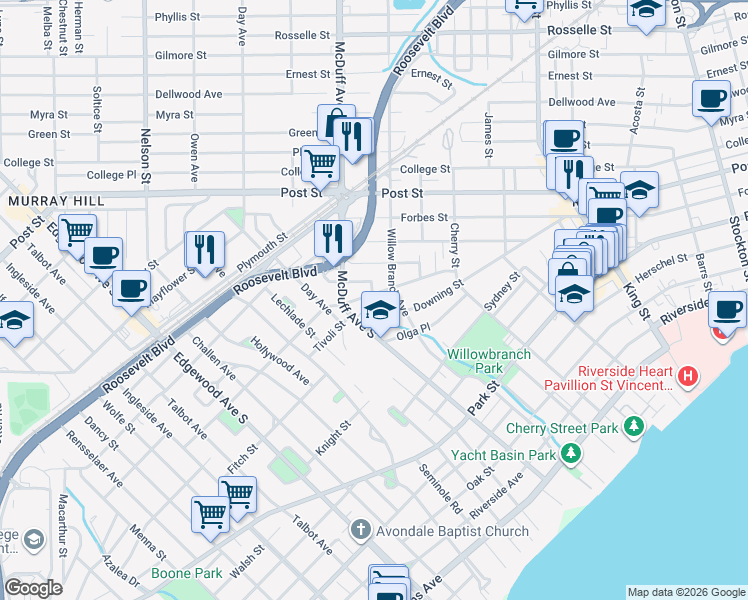 map of restaurants, bars, coffee shops, grocery stores, and more near 2959 Downing Street in Jacksonville