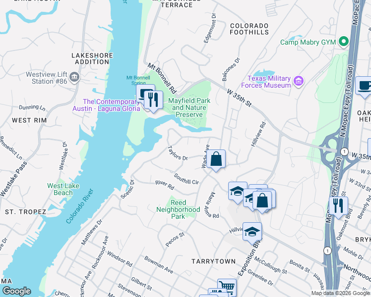 map of restaurants, bars, coffee shops, grocery stores, and more near 2900 Willowbridge Circle in Austin