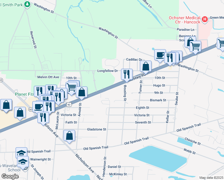 map of restaurants, bars, coffee shops, grocery stores, and more near 103 US 90 in Waveland