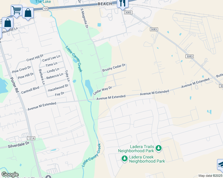 map of restaurants, bars, coffee shops, grocery stores, and more near 2125 Cedar Way Drive in Conroe