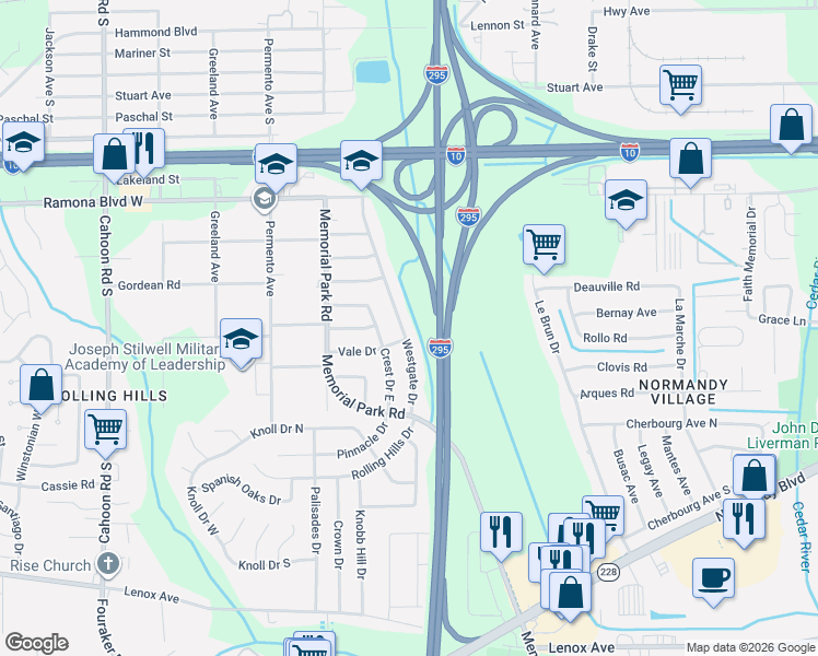 map of restaurants, bars, coffee shops, grocery stores, and more near 903 Westgate Drive in Jacksonville