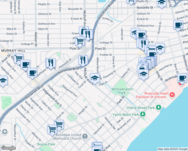 map of restaurants, bars, coffee shops, grocery stores, and more near 2959 Downing Street in Jacksonville