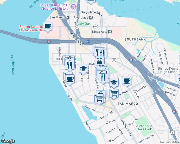 map of restaurants, bars, coffee shops, grocery stores, and more near 1305 Lasalle Street in Jacksonville