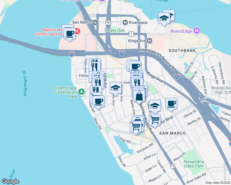 map of restaurants, bars, coffee shops, grocery stores, and more near 1131 Lasalle Street in Jacksonville