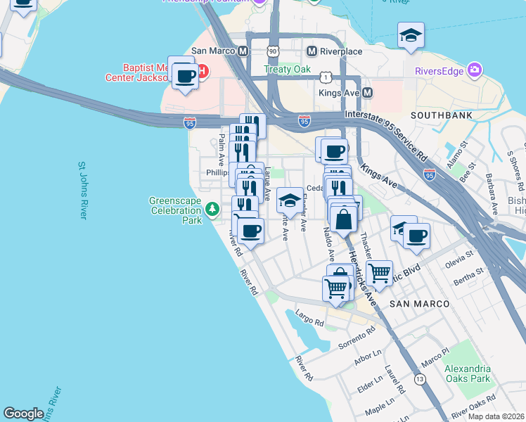map of restaurants, bars, coffee shops, grocery stores, and more near 1017 Lasalle Street in Jacksonville