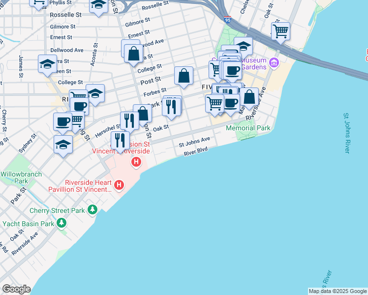map of restaurants, bars, coffee shops, grocery stores, and more near 1805 Osceola Street in Jacksonville