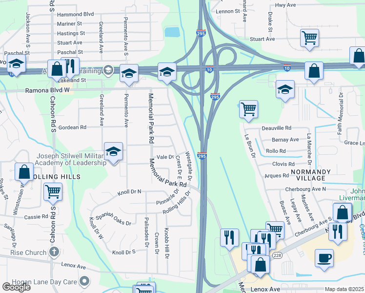 map of restaurants, bars, coffee shops, grocery stores, and more near 893 Crest Drive East in Jacksonville