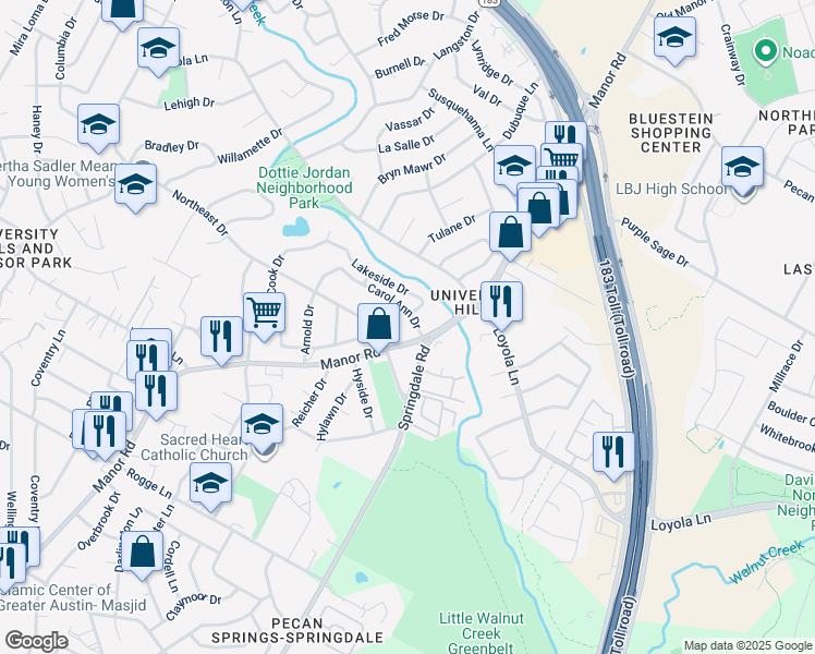 map of restaurants, bars, coffee shops, grocery stores, and more near 3407 Carol Ann Drive in Austin