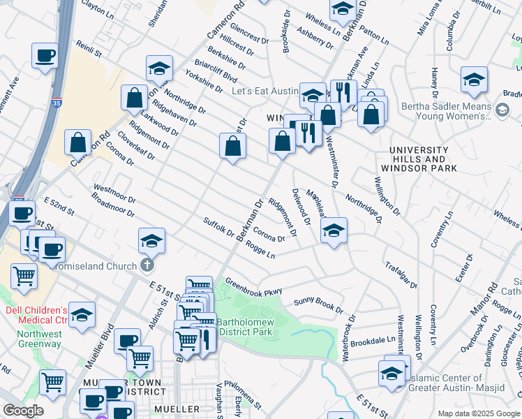 map of restaurants, bars, coffee shops, grocery stores, and more near 1702 Cloverleaf Drive in Austin
