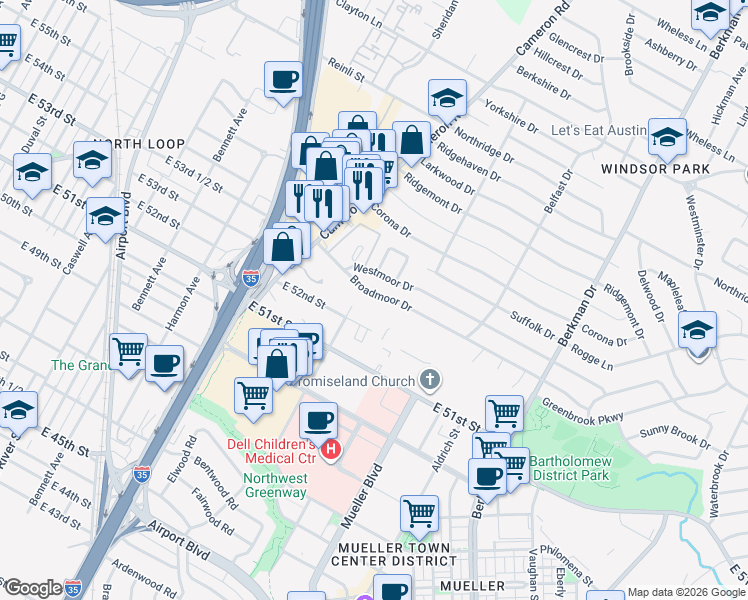map of restaurants, bars, coffee shops, grocery stores, and more near 1307 Broadmoor Drive in Austin