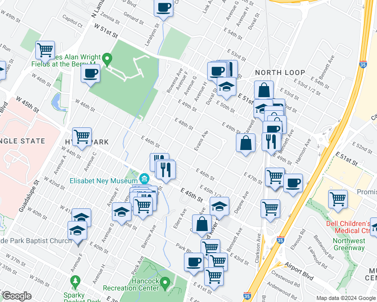 map of restaurants, bars, coffee shops, grocery stores, and more near 511 East 47th Street in Austin