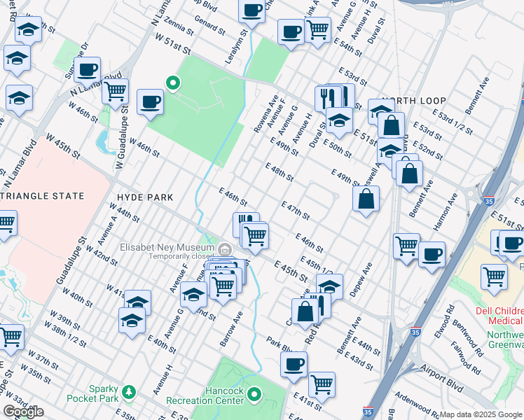 map of restaurants, bars, coffee shops, grocery stores, and more near 4600 Duval Street in Austin