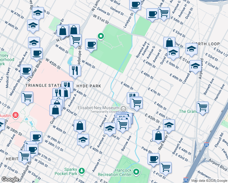 map of restaurants, bars, coffee shops, grocery stores, and more near 4505 Speedway in Austin