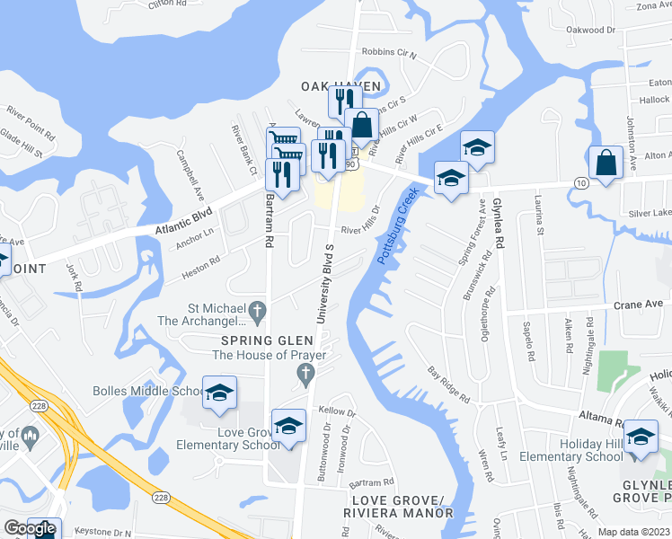 map of restaurants, bars, coffee shops, grocery stores, and more near 1909 University Boulevard South in Jacksonville