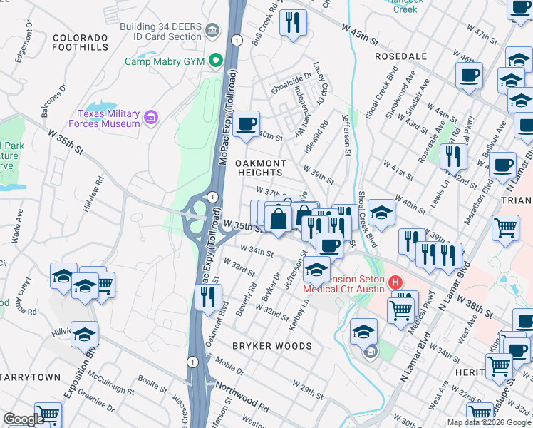map of restaurants, bars, coffee shops, grocery stores, and more near 1823 West 36th Street in Austin