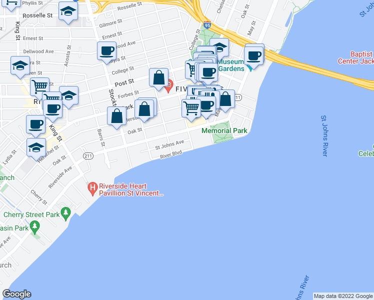 map of restaurants, bars, coffee shops, grocery stores, and more near 2117 River Blvd in Jacksonville