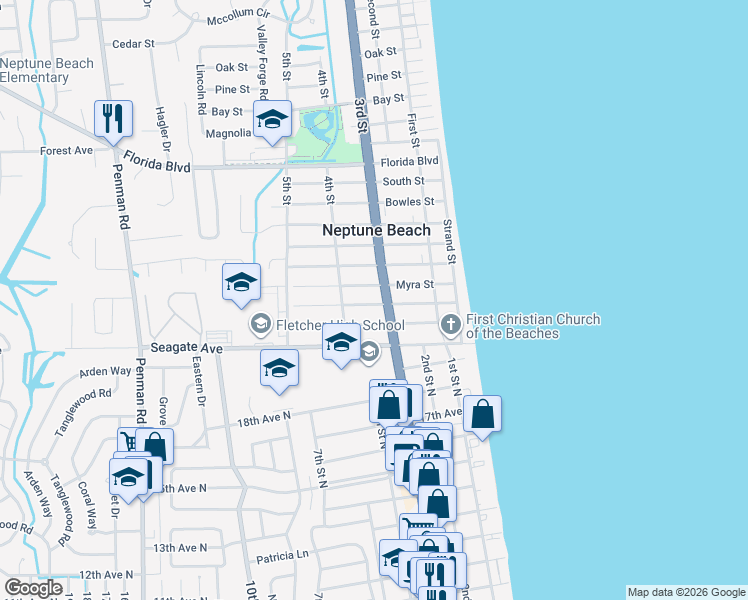map of restaurants, bars, coffee shops, grocery stores, and more near 2004 Florida A1A in Neptune Beach