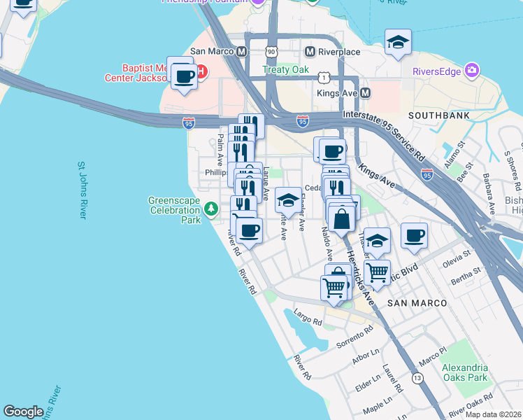 map of restaurants, bars, coffee shops, grocery stores, and more near 1017 Lasalle Street in Jacksonville