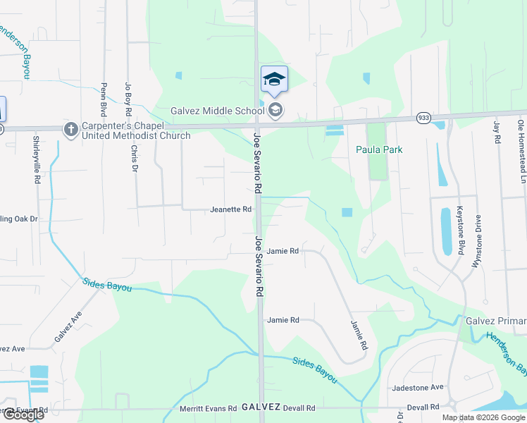 map of restaurants, bars, coffee shops, grocery stores, and more near 16372 Joe Sevario Road in Prairieville