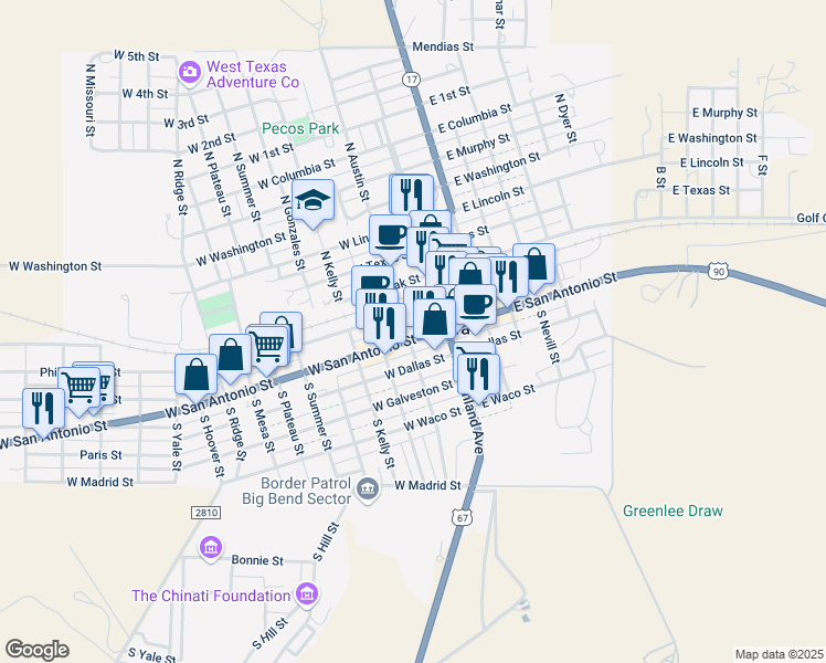 map of restaurants, bars, coffee shops, grocery stores, and more near 114 West San Antonio Street in Marfa