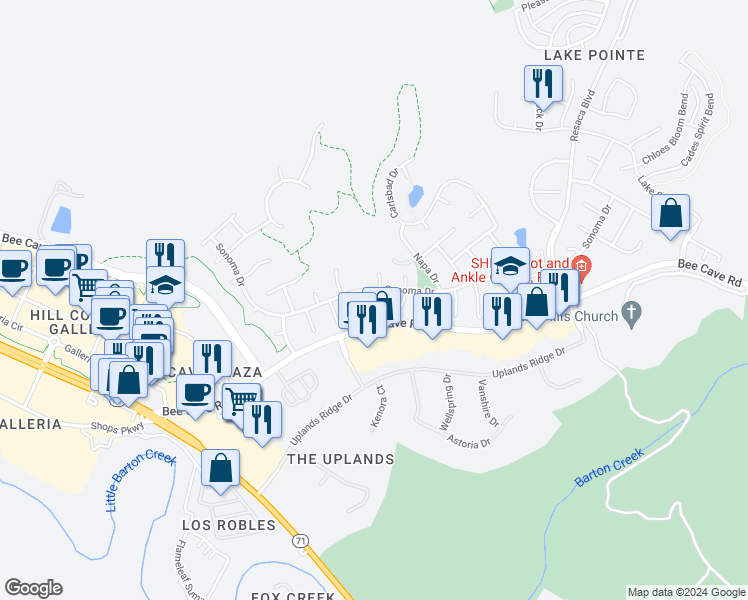 map of restaurants, bars, coffee shops, grocery stores, and more near 3304 Avenal Drive in Austin