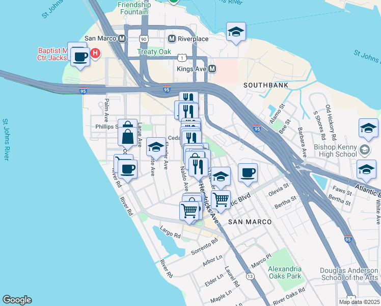 map of restaurants, bars, coffee shops, grocery stores, and more near 1415 Lasalle Street in Jacksonville