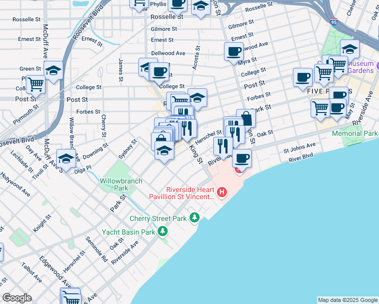 map of restaurants, bars, coffee shops, grocery stores, and more near 2715 Oak Street in Jacksonville