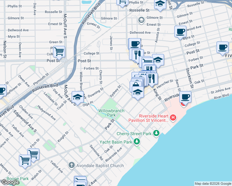 map of restaurants, bars, coffee shops, grocery stores, and more near 2870 Sydney Street in Jacksonville