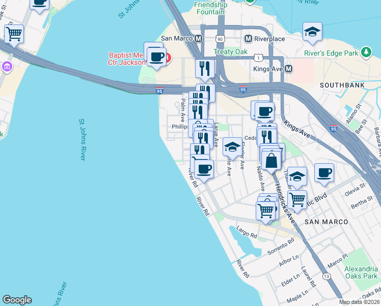 map of restaurants, bars, coffee shops, grocery stores, and more near 923 Lasalle Street in Jacksonville