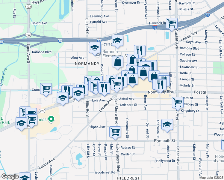 map of restaurants, bars, coffee shops, grocery stores, and more near in Jacksonville