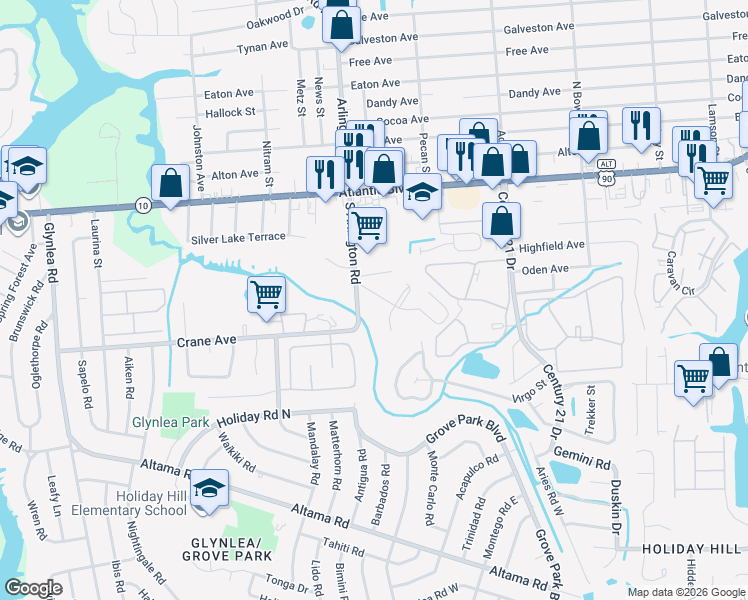 map of restaurants, bars, coffee shops, grocery stores, and more near 272 Aralia Lane in Jacksonville