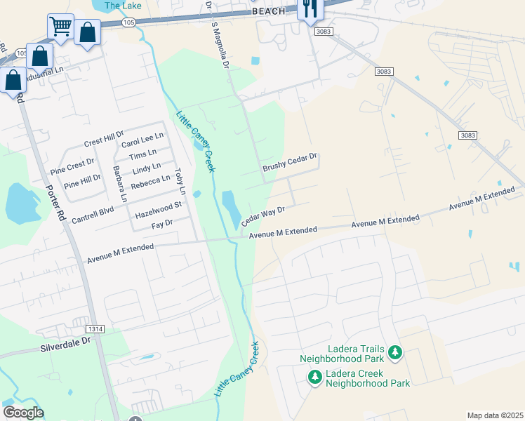 map of restaurants, bars, coffee shops, grocery stores, and more near 2125 Cedar Way Drive in Conroe