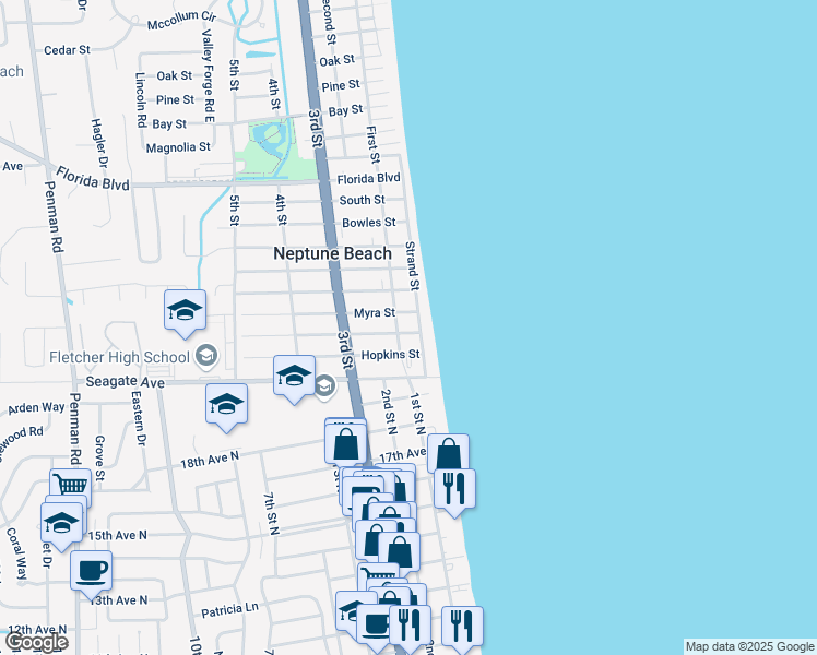 map of restaurants, bars, coffee shops, grocery stores, and more near 2000 Strand Street in Neptune Beach