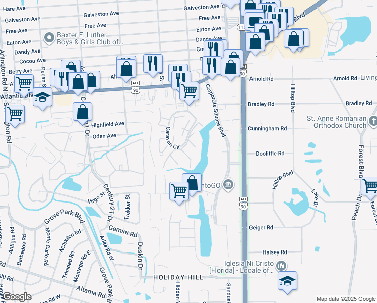 map of restaurants, bars, coffee shops, grocery stores, and more near 301 Caravan Circle in Jacksonville