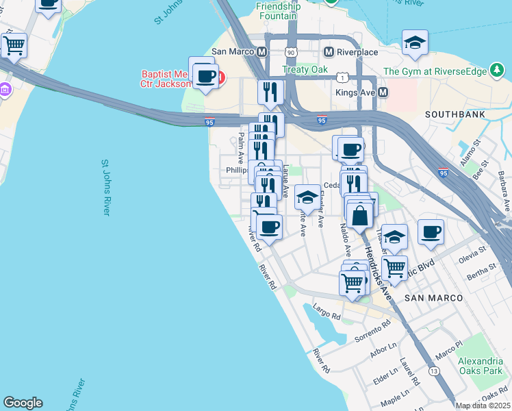 map of restaurants, bars, coffee shops, grocery stores, and more near 923 Lasalle Street in Jacksonville