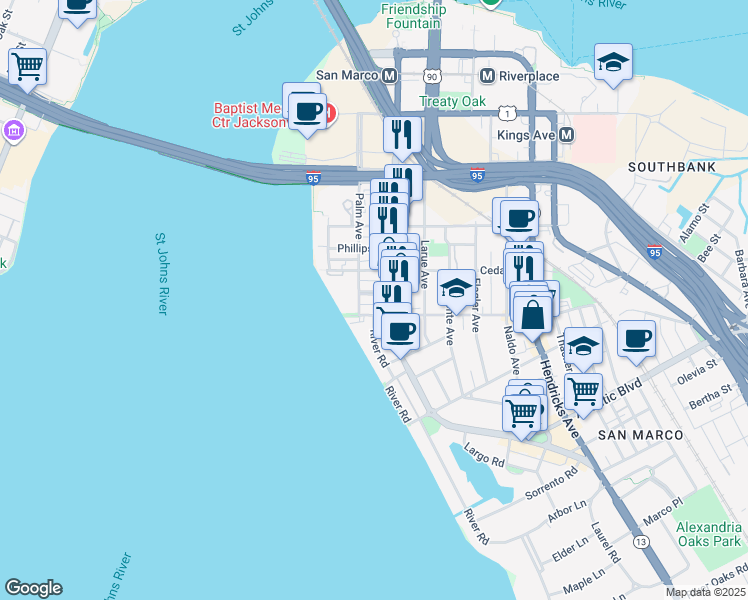 map of restaurants, bars, coffee shops, grocery stores, and more near 923 Lasalle Street in Jacksonville
