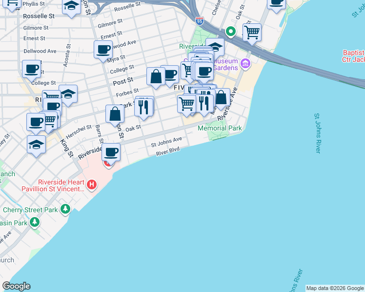 map of restaurants, bars, coffee shops, grocery stores, and more near 2117 River Boulevard in Jacksonville