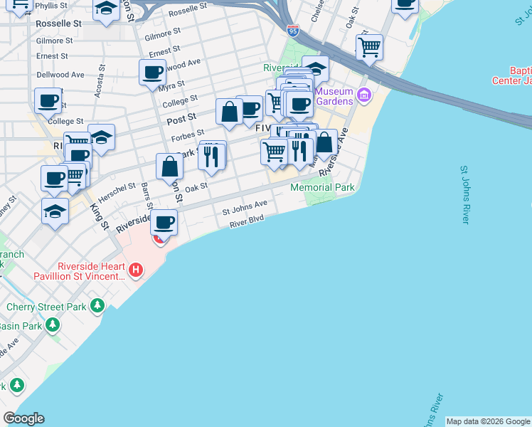 map of restaurants, bars, coffee shops, grocery stores, and more near 2117 River Boulevard in Jacksonville