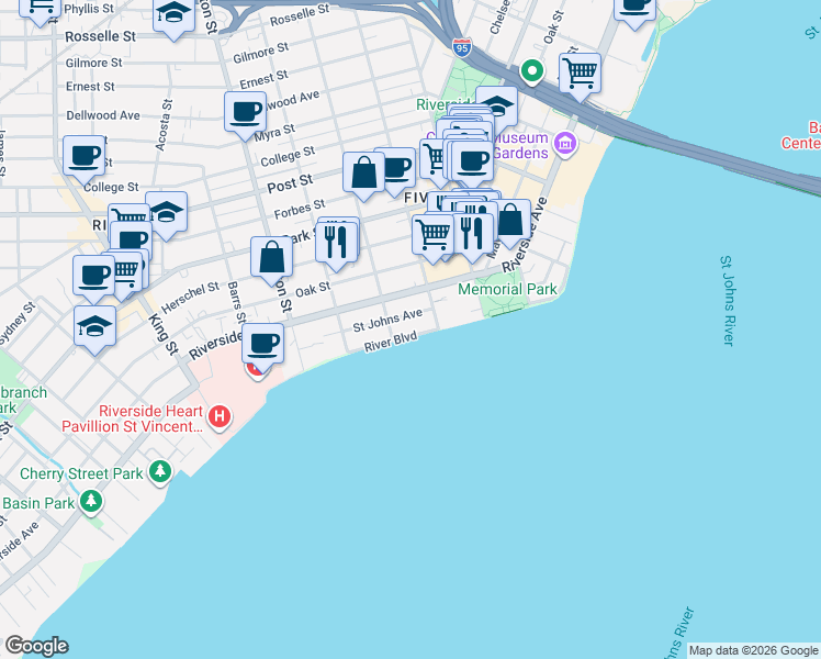 map of restaurants, bars, coffee shops, grocery stores, and more near 2117 River Boulevard in Jacksonville